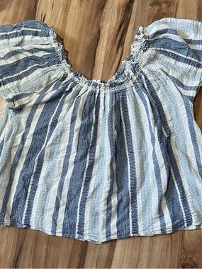 Faherty Blue/White Striped Ruffle Neck Peasant Blouse - Boho Beachy Style Sz M